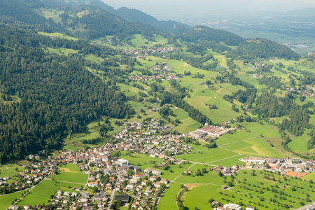 Truebbach, Switzerland, August 19, 2024 View over the village during a flight in a small planeの写真素材
