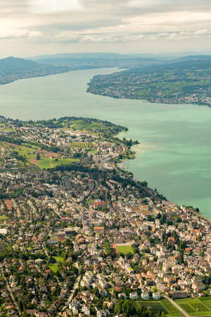 Switzerland, August 19, 2024 View over the lake of Zurich during a flight in a small planeの写真素材