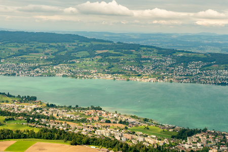 Switzerland, August 19, 2024 View over the lake of Zurich during a flight in a small planeの写真素材