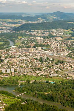 Brugg, Switzerland, August 19, 2024 View over the city center during a flight in a small plane