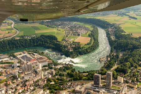 Schaffhausen, Switzerland, August 19, 2024 Fascinating rhine falls during a flight in a small planeの写真素材