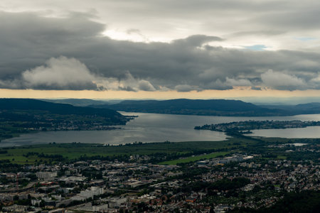 Konstanz, Germany, August 19, 2024 View over the city and the lake of Constance during a flight in a small planeの写真素材