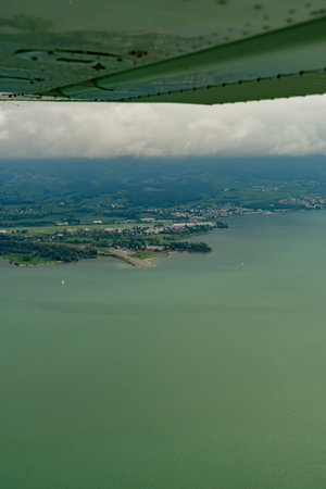 Altenrhein, Switzerland, August 19, 2024 View over the lake of Constance during a flight in a small...