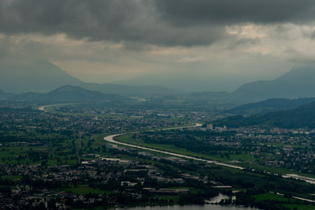 Bregenz area, Austria, August 19, 2024 View over the rhine valley and the alps during a flight in a small planeの写真素材