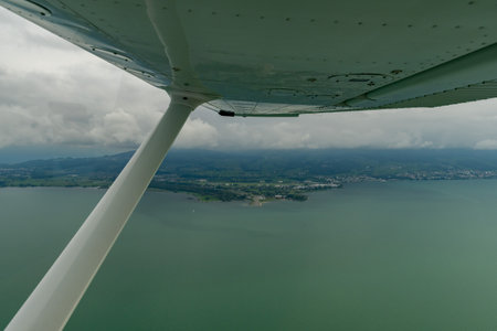 Altenrhein, Switzerland, August 19, 2024 View over the lake of Constance during a flight in a small...