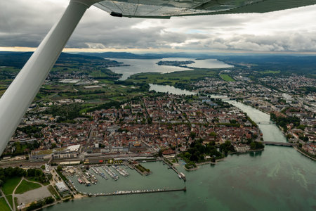 Konstanz, Germany, August 19, 2024 View over the city and the lake of Constance during a flight in a small planeの写真素材