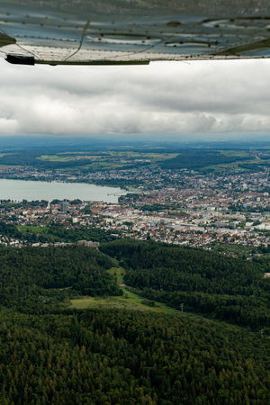 Konstanz, Germany, August 19, 2024 View over the city and the lake of Constance during a flight in a...
