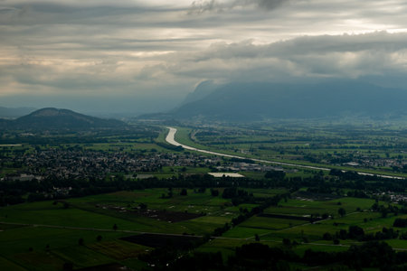 Lustenau, Austria, August 19, 2024 View over the village and the border region to Switzerland during a flight in a small planeの写真素材