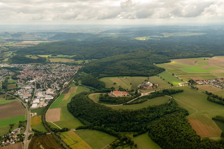 Lauchheim, Germany, September 15, 2024 View over the Kapfenburg castle during a flight in a small planeの写真素材