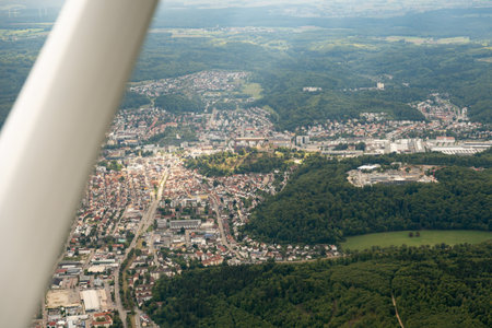 Heidenheim an der Brenz, Germany, September 15, 2024 View over the city and the surroundings during a flight in a small planeの写真素材