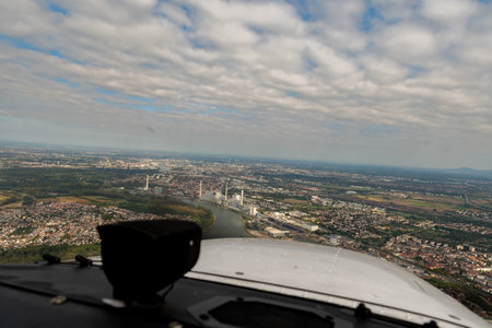 Mannheim, Germany, September 15, 2024 View over the city center during a flight in a small planeの写真素材