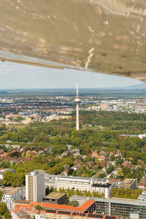 Mannheim, Germany, September 15, 2024 View over the downtown area during a flight in a small planeの写真素材