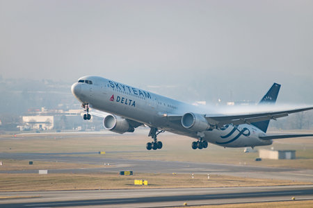Zurich, Switzerland, January 21, 2026 N-844MH Delta Airlines Boeing 767-432ER aircraft is taking off...