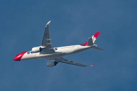 Zurich, Switzerland, January 21, 2026 HB-IHB Edelweiss Airbus A350-941 aircraft just after departure from runway 16のeditorial素材