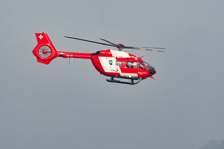 Zurich, Switzerland, January 22, 2026 HB-TII REGA Swiss air ambulance Airbus H145 helicopter is...