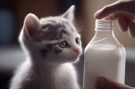 Kitten with a bottle of milk waiting to be fed. Animal illustration created with generative AI tools. Cute little kitten drinks milk from a bottle. Selective focus.の素材