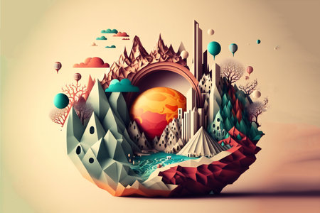Abstract landscape with planet and city in paper cut style.の素材