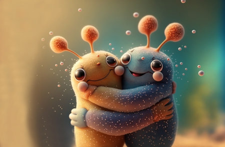 Two funny monsters hug and kiss each other. Two cute felt and rubber 3d render characters giving hugs to each others. Illustration created with generative AI tools.の素材