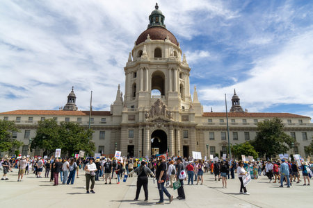 Protesters gather in front of Pasadena City Hall, at a No Kings Rally