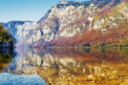 Beautiful autumnal landscape in vibrant colors reflecting in lake with mountains in backgroundの写真素材
