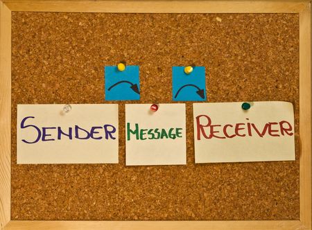 Post it notes on a wooden board representing the communication componentsの写真素材