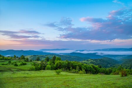 A green meadow with trees and mountains in the fog and a bright sky that plays purple and blue blooms at the beginning of the sunrise.の写真素材