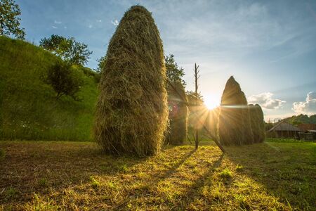 one haystack on the field. beautiful countryside scenery on a sunny day. wonderful rural landscape of the Carpathian mountains. Rural labor.の写真素材