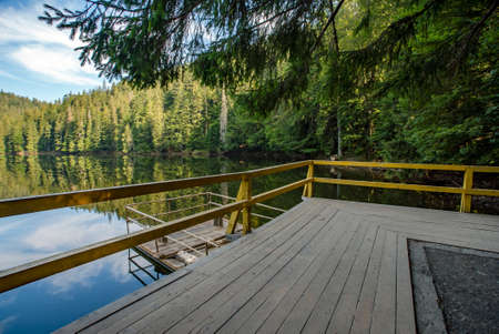 High-altitude lake Synevir. Blue sky clear water green forest.