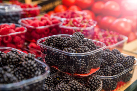 blackberries in dishes on the grocery counter at the market. Vitamins fruits.の写真素材