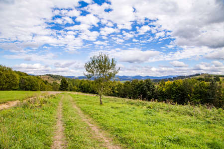old road in the mountains on a background of mountains.の写真素材