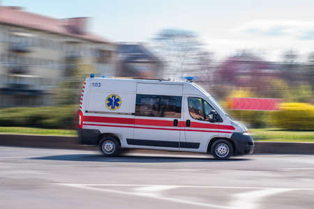 ambulance goes on call around the city. medical care. Uzhhorod. Ukraine April 26.のeditorial素材
