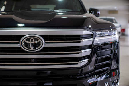 Uzhhorod, Ukraine. 6 August 2021 black car of the Japanese brand Toyota Land Cruiser 300 Premium....