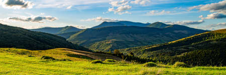 panoramic mountain landscape with green meadows in evening light. beautiful summer scenery with...