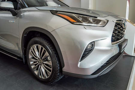 Uzhorod, Ukraine. January 2021 white car of the Japanese brand Toyota Highlander. SUV, crossover....