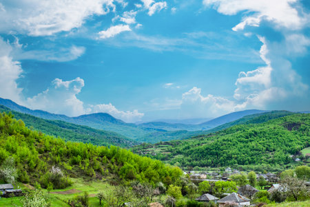 mountain countryside in the mountains. village in the mountains ecological life. clean Air. beautiful sky.の写真素材