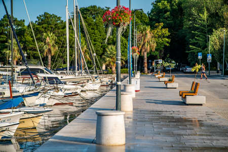 Crikvenica. Croatia July 20, 2021. boats are parked off the coast of Crikvenica. beautiful background Croatia. Holidays in summer. time to travel.のeditorial素材