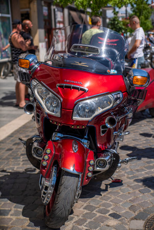 Uzhhorod Ukraine. July 19, 2021 .Parking a motorcycle on the road, choose background focus. biker showのeditorial素材