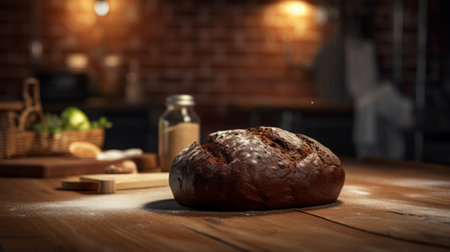 black bread on a wooden table in a bakery, generative aiの素材