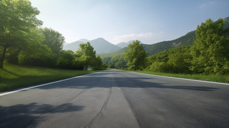 road near trees and fields on the background of mountains, generative aiの素材