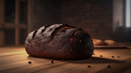 black bread on a wooden table in a bakery, generative aiの素材