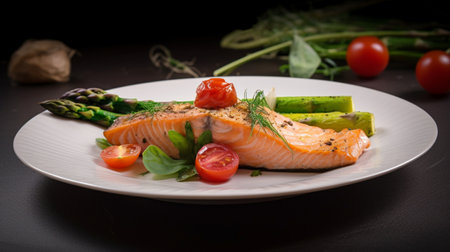 rready dish of salmon with asparagus and cherry tomatoes on a plate, generative aiの素材