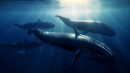 a family of whales in the depths of the ocean in the rays of the sun, generative aiの素材