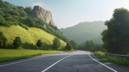 road near trees and fields on the background of mountains, generative aiの素材