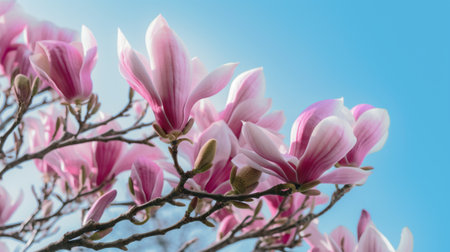 Blooming pink magnolia in the blue sky. Spring. garden. A beautiful flowering, flowering tree. beautiful blooming branch of magnolia in spring - magnolia flower. spring flowering. generative aiの素材