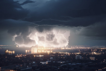 a thunderstorm with lightning over the city. generative aiの素材