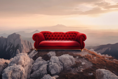 sofa on the top of the mountain against the background of the landscape of the mountains. generative aiの素材