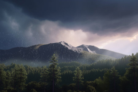 cloudy weather in the forest on the background of the mountain. generative aiの素材