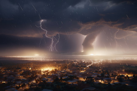 a thunderstorm with lightning over the city. generative aiの素材