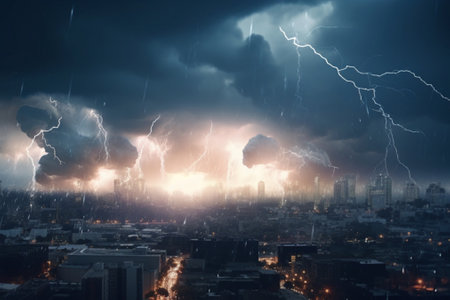 a thunderstorm with lightning over the city. generative aiの素材