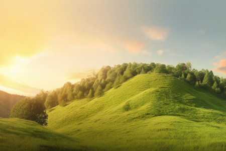 beautiful green hills with orange sky. generative aiの素材